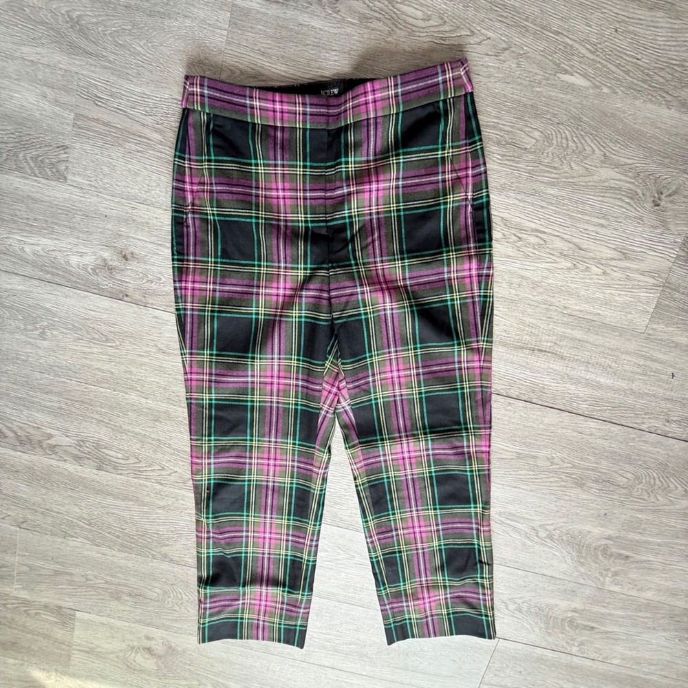 J.Crew Kate Straight Leg Pant Pink Green Plaid Wool Blend Trousers BM765 Size 8